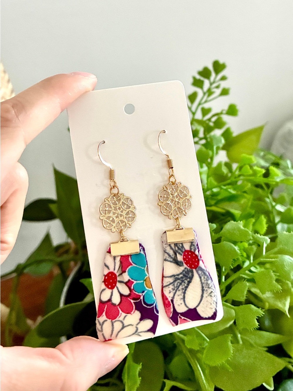 Handmade Floral Fabric Drop Earrings - Gold Accents - Multicolor